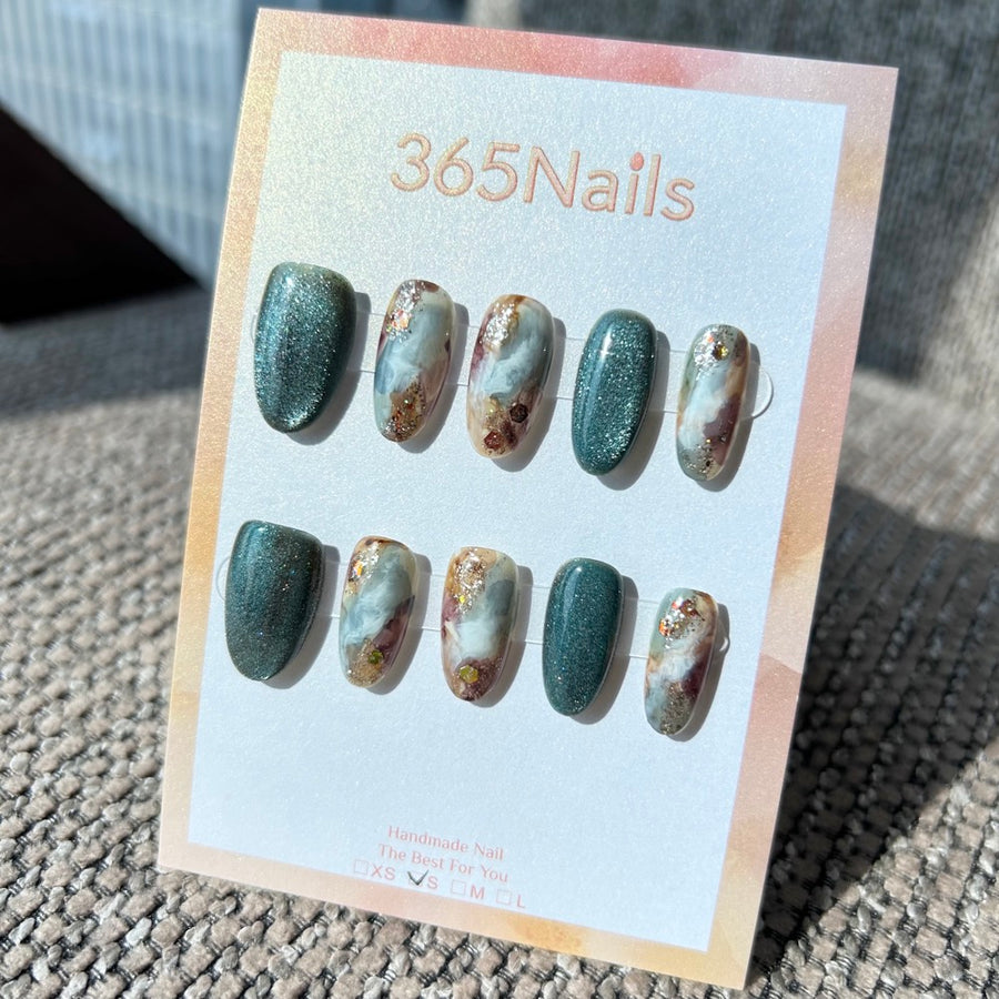 "Deep Forest Agate" – Dark Teal Green Cat Eye & Earthy Brown Marble with Gold Flakes Oval Nails