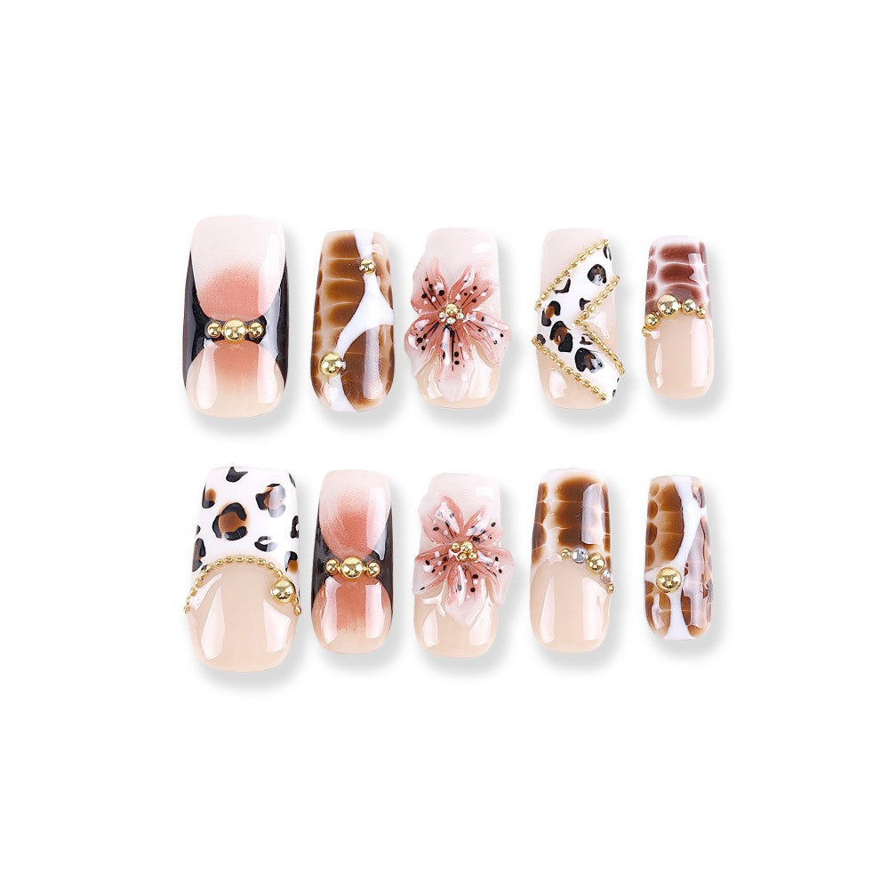Nude and Leopard Press-On Nails with 3D Flower and Gold Beads