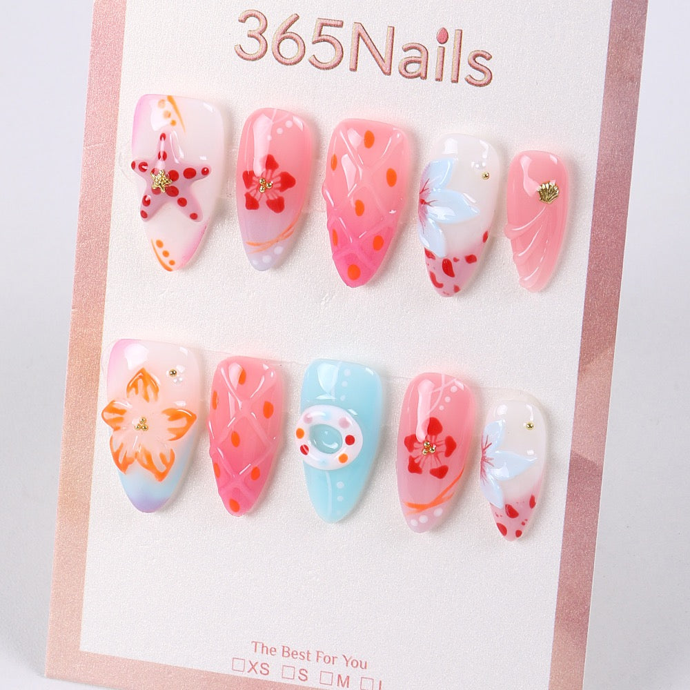 365nails pink blossom 3d hand‑painted long tips