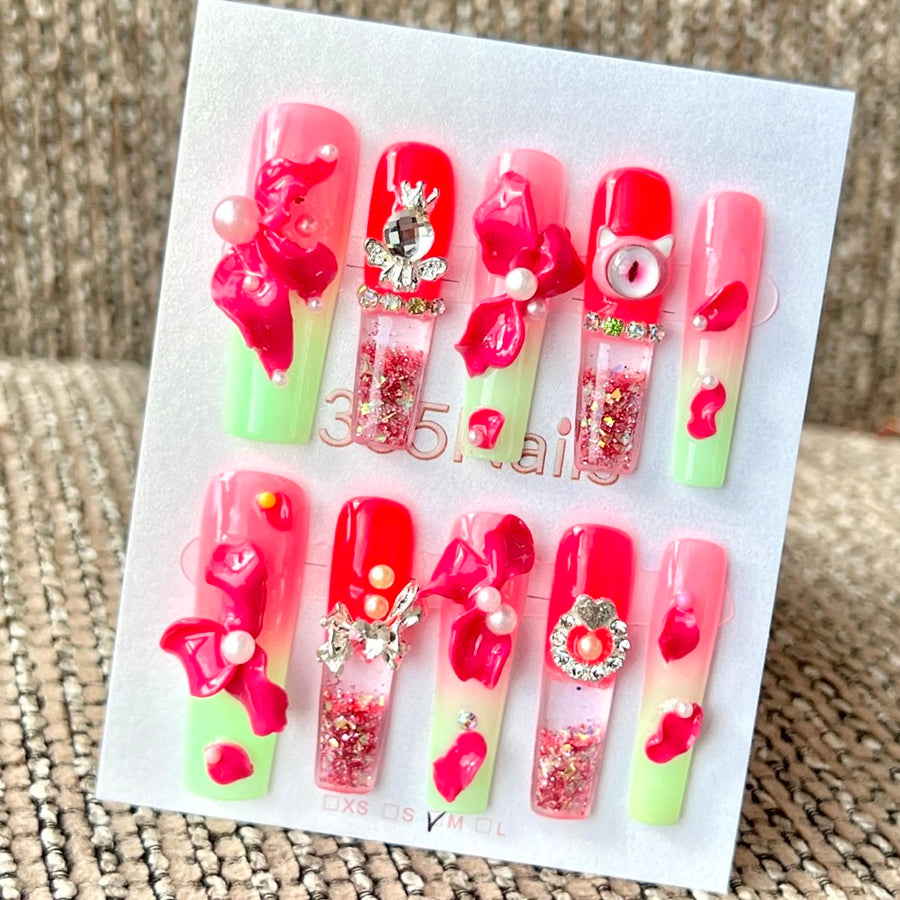 365nails: "Watermelon Bloom" – 수제 리퀴드 모션 프레스온 네일, 미디엄 스퀘어형 - 4cm