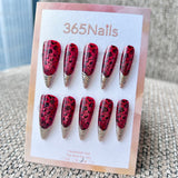 Femme Fatale: "Crimson Empress" – Deep Red Cat Eye with Black Gothic Floral Vines & 3D Silver Chrome Armor Tips Long Stiletto Nails