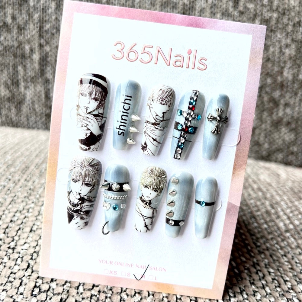 365nails: "Grey Anime Shinichi Cross" – Handmade Medium Trapezoid Press-On Nails