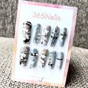 365nails: "그레이 애니메 신이치 십자가" – 수제 미디엄 사다리꼴형 프레스온 네일