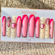 365nails: "Pink Cartoon Heart Drip" – Handmade Long Trapezoid Press-On Nails