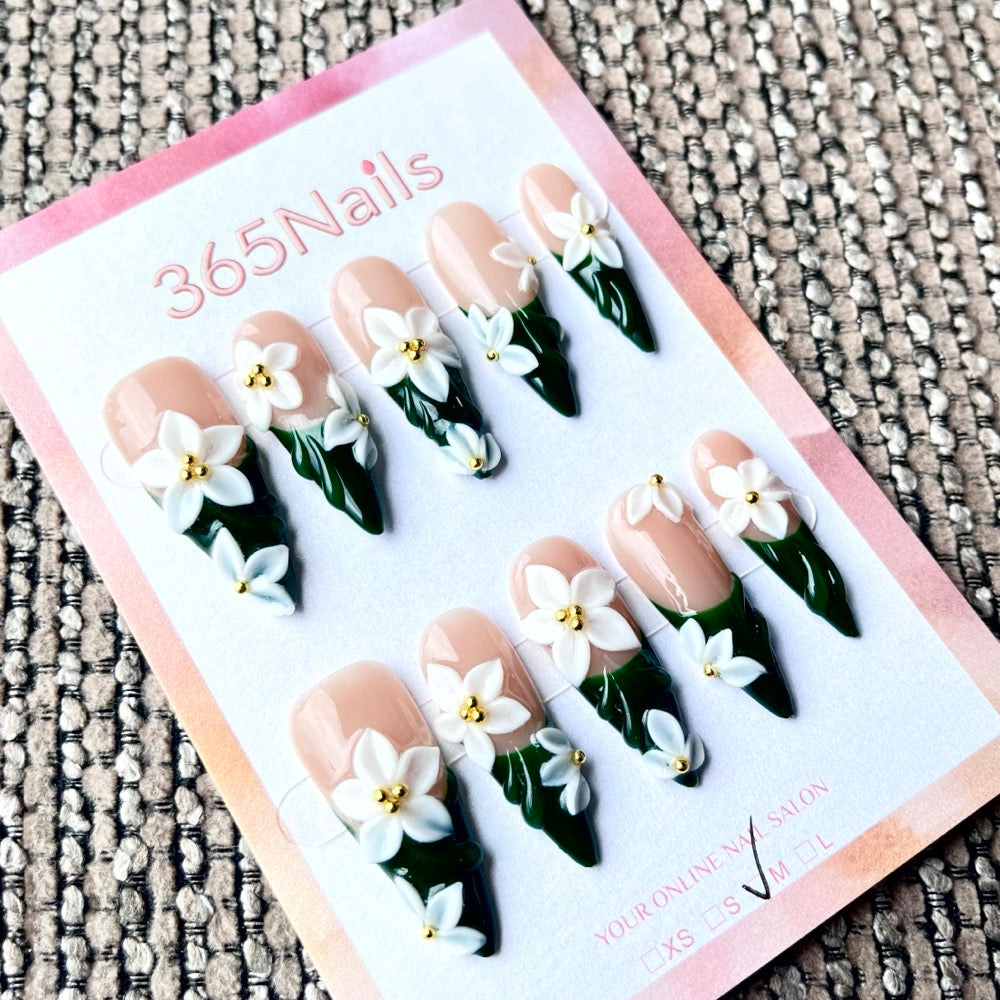 365nails: "Sonho de Gardênia" – Unhas Stiletto Florais 3D Feitas à Mão