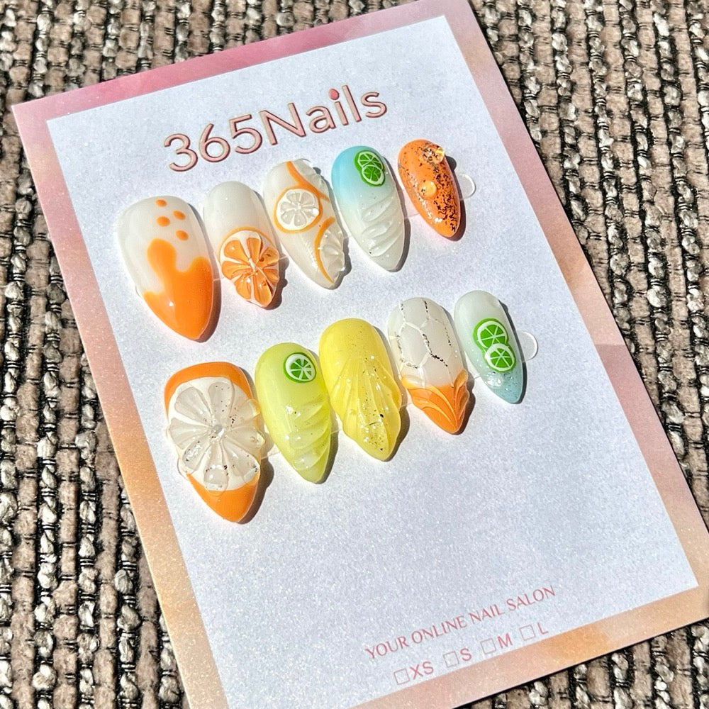 365nails: "Citrus Splash" – 3D Sculpted Handmade Medium Almond Press On Nails