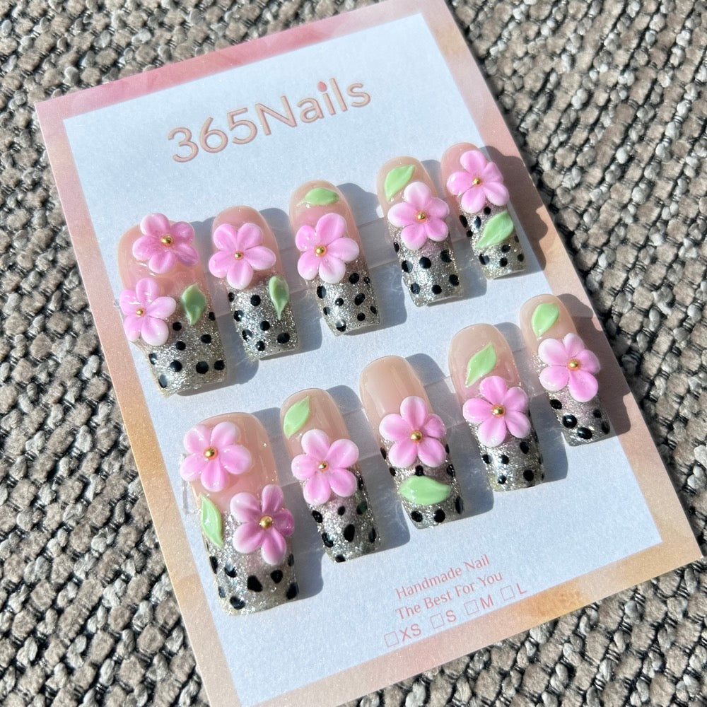 Sculpted Flora: "Polka Pink Sakura" – 3D Pink Flowers on Silver Glitter Polka Dot French Nails