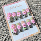 Sculpted Flora: "Polka Pink Sakura" – 3D Pink Flowers on Silver Glitter Polka Dot French Nails