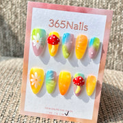 365nails: "Fairy Tale Mushroom Daisy" – 3D Mushroom & Daisy Handmedium Stiletto Press-On Nails