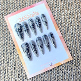 365Nails "Lace Noir Sparkle" – Rhinestone Lace Embellished Long Stiletto Nails