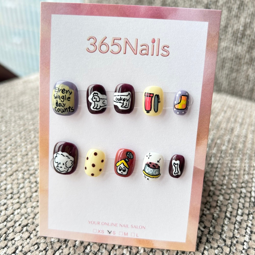 Cartoon & Dopamine: "Puppy's Daily Life" – Hand-Painted Long Dog, Dog House, Bone & Motivational Quote Short Nails