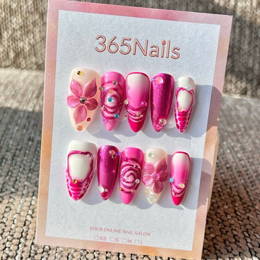 365nails: "Hot Pink Floral Swirl" – Handmade Medium Stiletto Press-On Nails