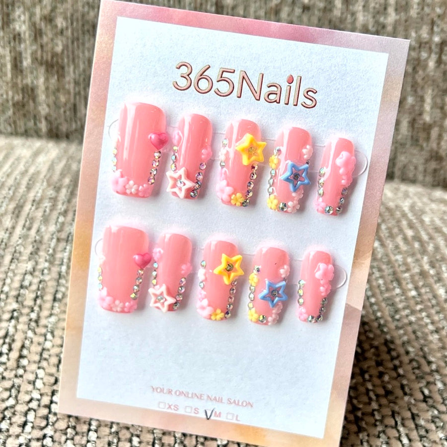 "Pink Star Heart Crystal" - Wholesale Ultra-Soft Flexible Fit Handmade Nails (MOQ=100)