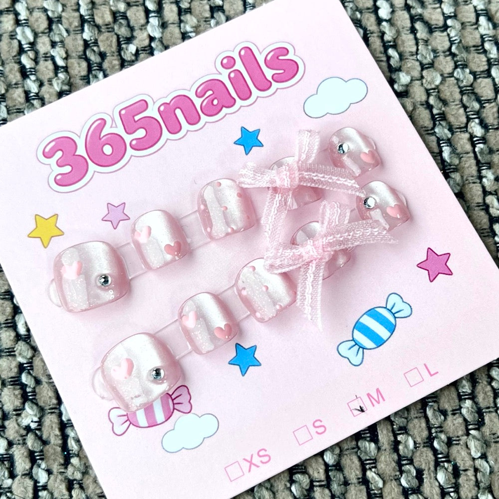 365nails: "Pink Ribbon Fantasy" – 3D Bow & Heart Handmade Short Square Nails