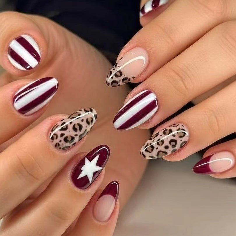 French Animal Print Glossy Brown Almond Short Press On Nails – Design 8