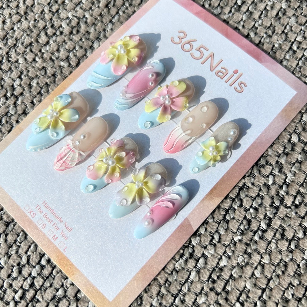 Handmade "Pastel Dreamscape" 3D Floral Press-on Nails | Gradient Hibiscus & Pearl Accents | Almond | 10pcs Set
