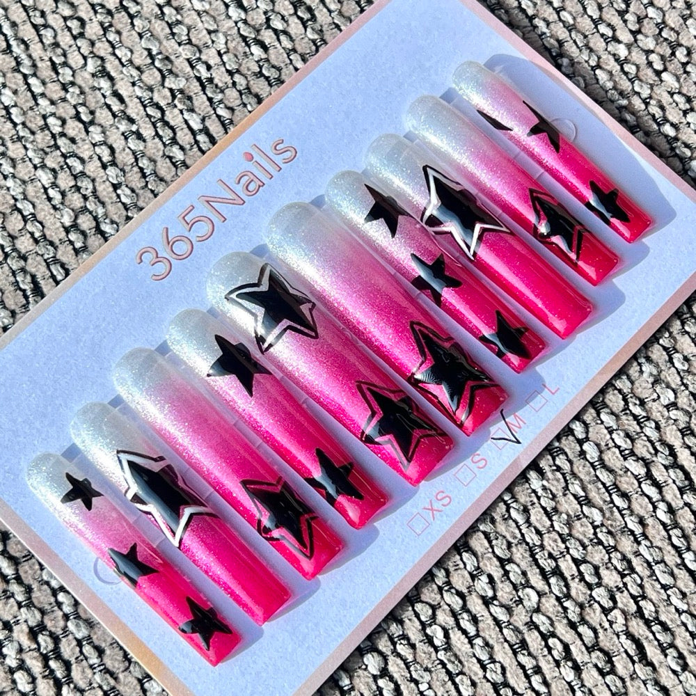 365nails: "Pink Black Star Gradient Long" – Handmade Long Trapezoid Press-On Nails