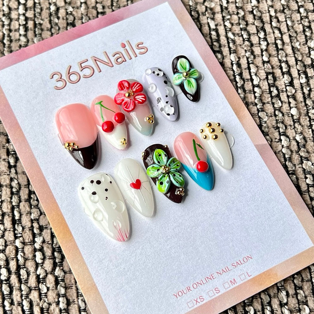 365nails: "Retro Cherry Bloom" – 3D Floral & Fruit Handmade Medium Almond Press On Nails