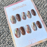 Ethereal Ink: "Chestnut Earth Marble" – Toffee Brown Cat Eye & Rust-Green Smudge with Gold Foil Oval Nails