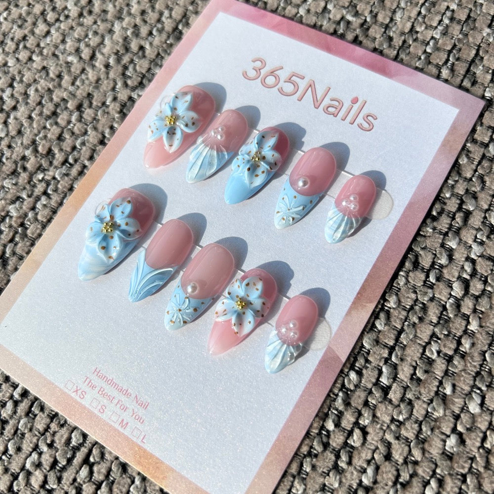 Handmade "Cinderella Blue" 3D Floral Press-on Nails | Textured French & Pearls | Short Almond