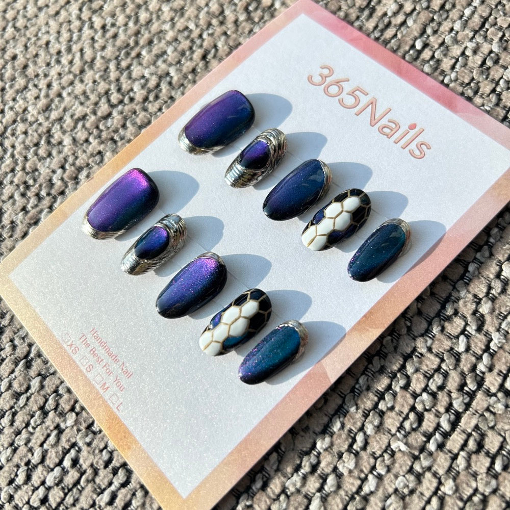 The Gilded Serpent: "Galaxy Python" – Aurora Purple-Blue Cat Eye & Silver Metallic Textured Handmade Press-On Nails
