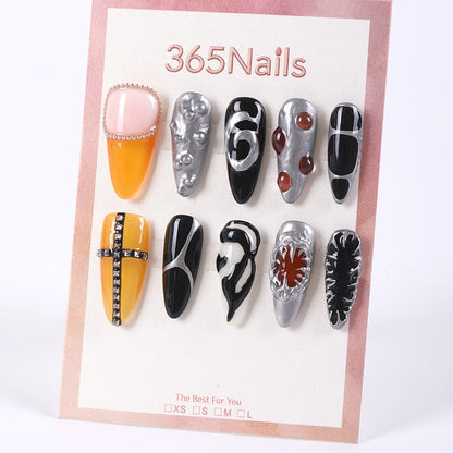 365nails molten silver × amber‑orange abstract edgy press-ons