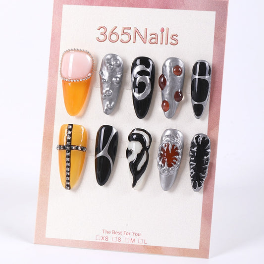 365nails molten silver × amber‑orange abstract edgy press-ons