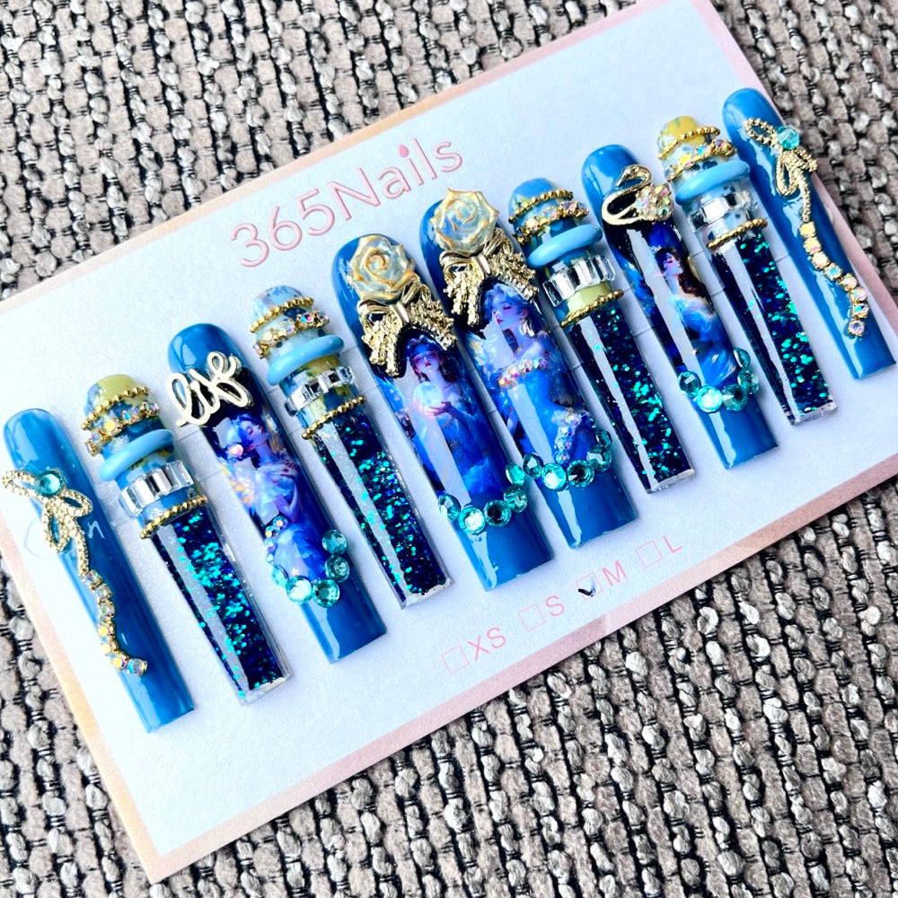 365nails: "Celestial Majesty" – 3D Ornate Art Handmade Coffin Nails-5.5cm