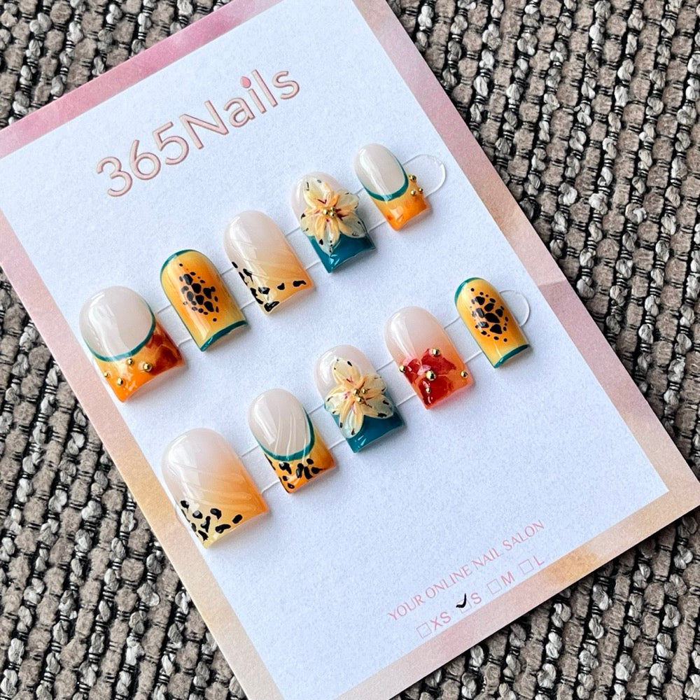 Tropical Orange & Teal Leopard Print Press-On Nails with 3D Flower