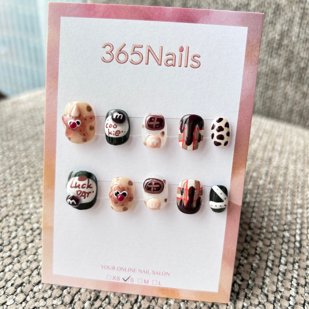 Cartoon & Dopamine: "Cocoa Cookie Party" – 3D M&M's, Chocolate Drip & Cow Print Short Nails