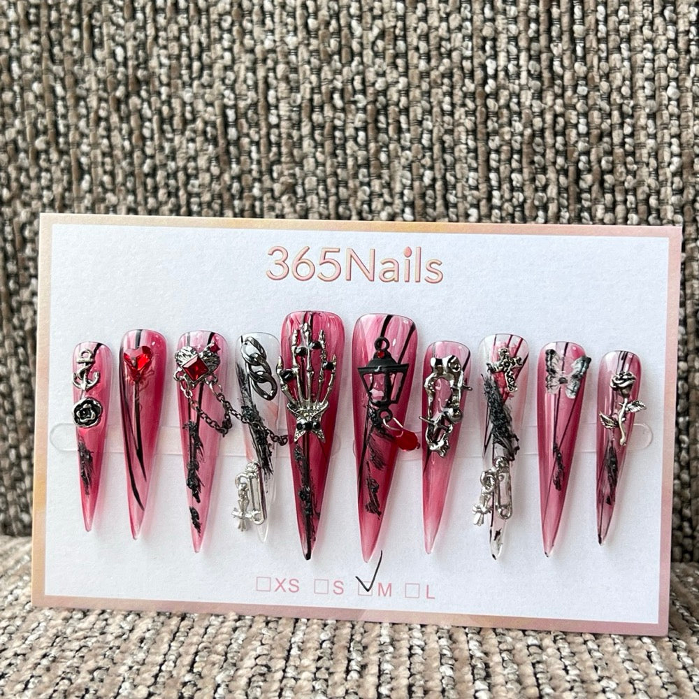 365nails: 고딕 레드 해골 손 장미 — 수제 프레스온 네일