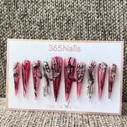 365nails: 고딕 레드 해골 손 장미 — 수제 프레스온 네일
