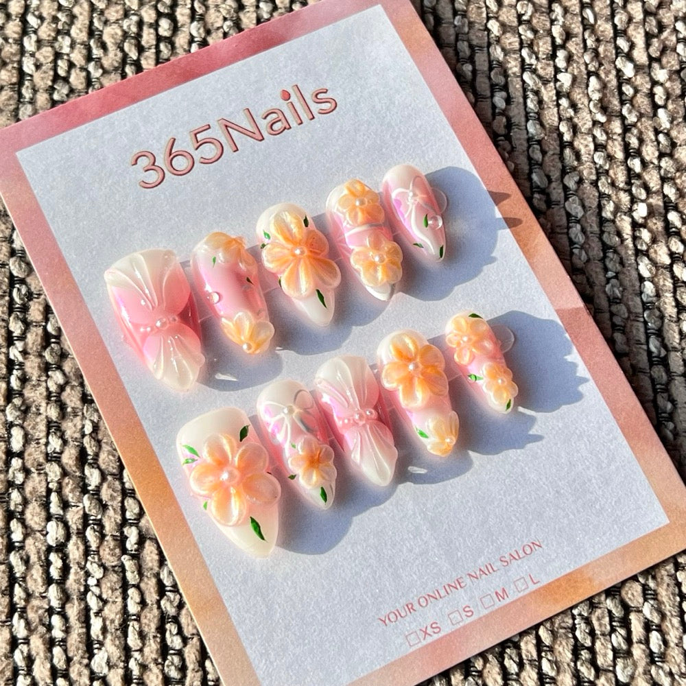 365nails: "Peach Floral Bow" – Handmade Medium Almond Press-On Nails