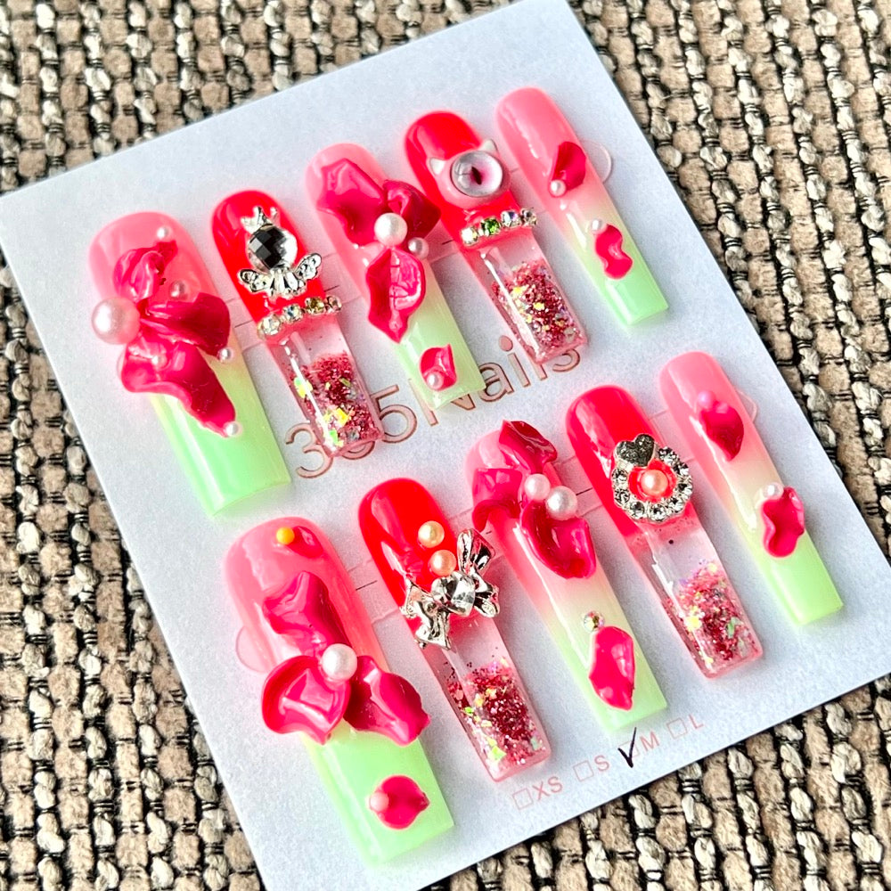 365nails: "Watermelon Bloom" – Handmade Liquid Motion Press-On Medium Square Nails-4cm
