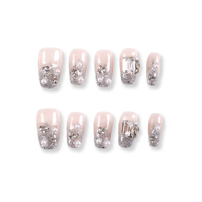365Nails Crystal Frost Short Square Press-On Nails with Silver Glitter and Pearls
