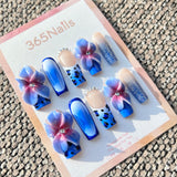 Sculpted Flora: "Electric Blue Leopard & Orchid" – 3D Gradient Flowers on Royal Blue Aura & Leopard Print Coffin Nails