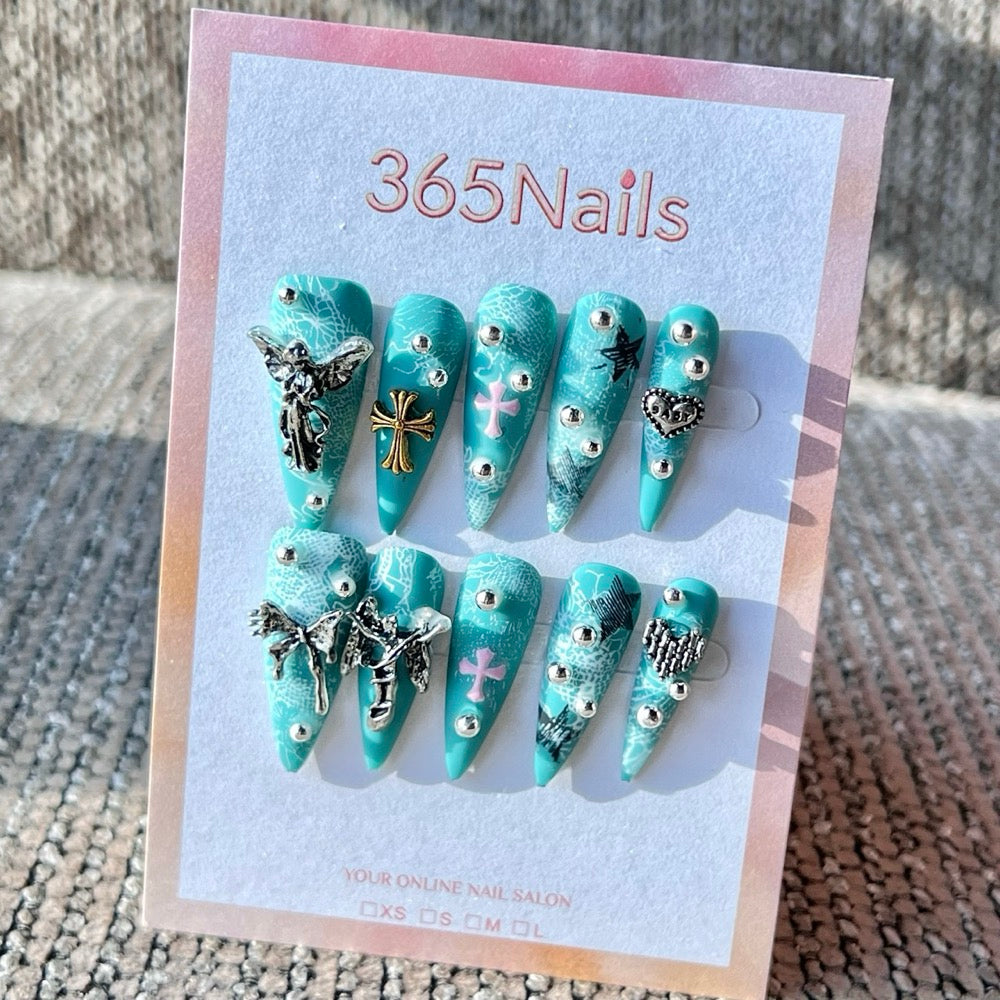 365nails: "Turquoise Grunge Angel Cross" – Handmade Medium Stiletto Press-On Nails