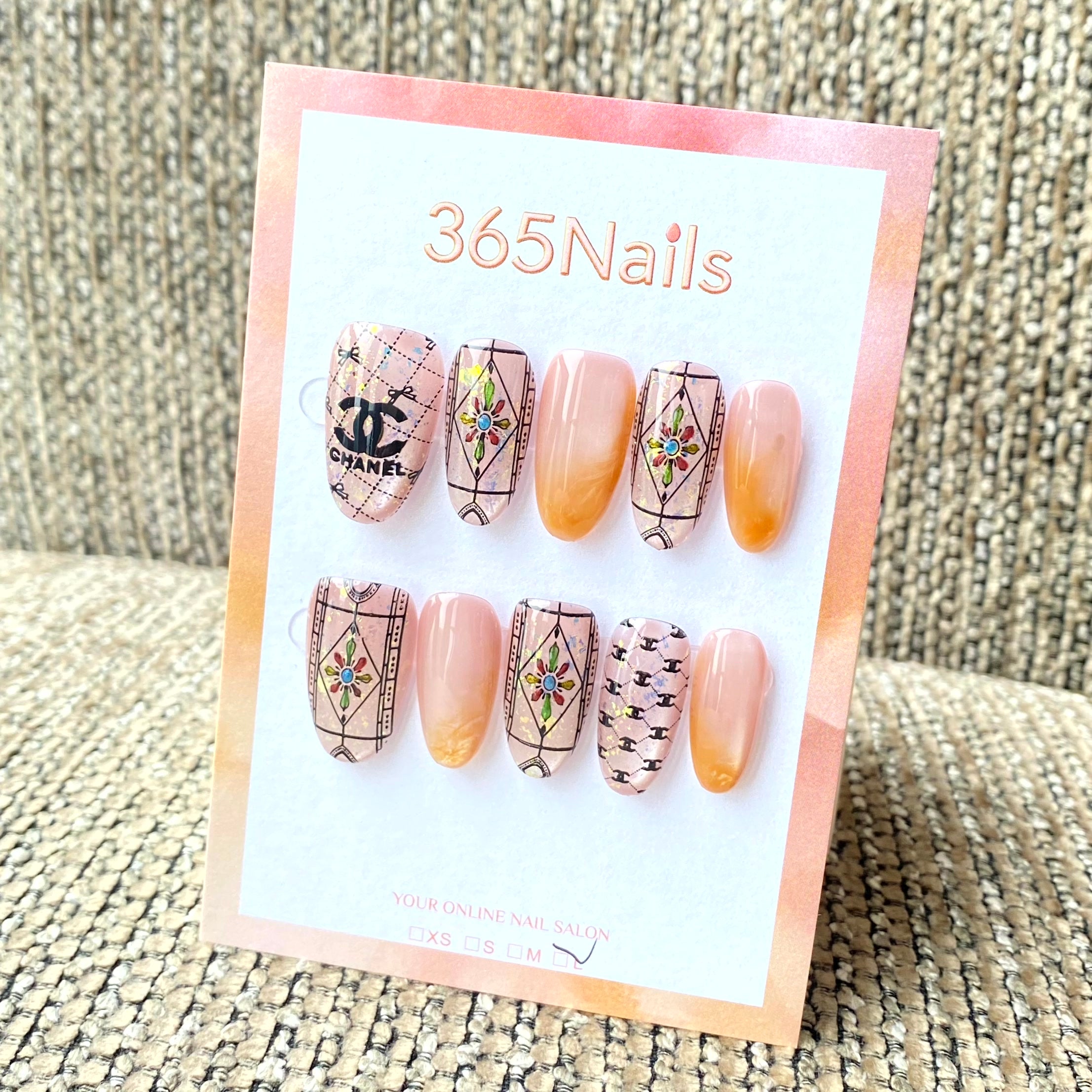 Luxury Logo 365nails: "Vintage Stained Glass" – Hand-painted Mosaic & Ombre Handmade Oval Nails