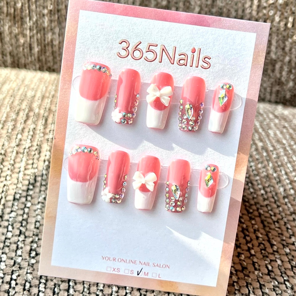 "Pink French Bow Crystal" - Wholesale Ultra-Soft Flexible Fit Handmade Nails (MOQ=100)