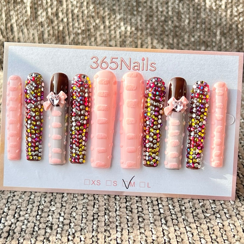 365nails: "Pink Brown Rhinestone Bow" – Handmade Long Trapezoid Press-On Nails