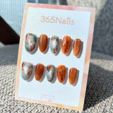 Ethereal Ink: "Autumn Mist" – Caramel Brown Cat Eye & Grey-Blue Cloud Marble with Gold Foil Oval Nails