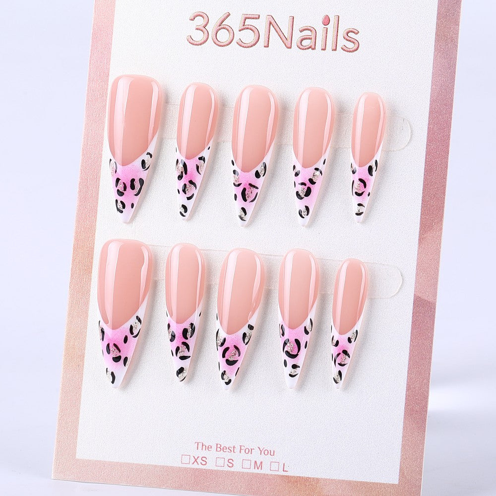 Sweet cool pink leopard V French long pointed press on nail