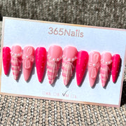 365nails: "Candy Plaid" – 3D 리본 & 글리터 수제 스틸레토형 네일
