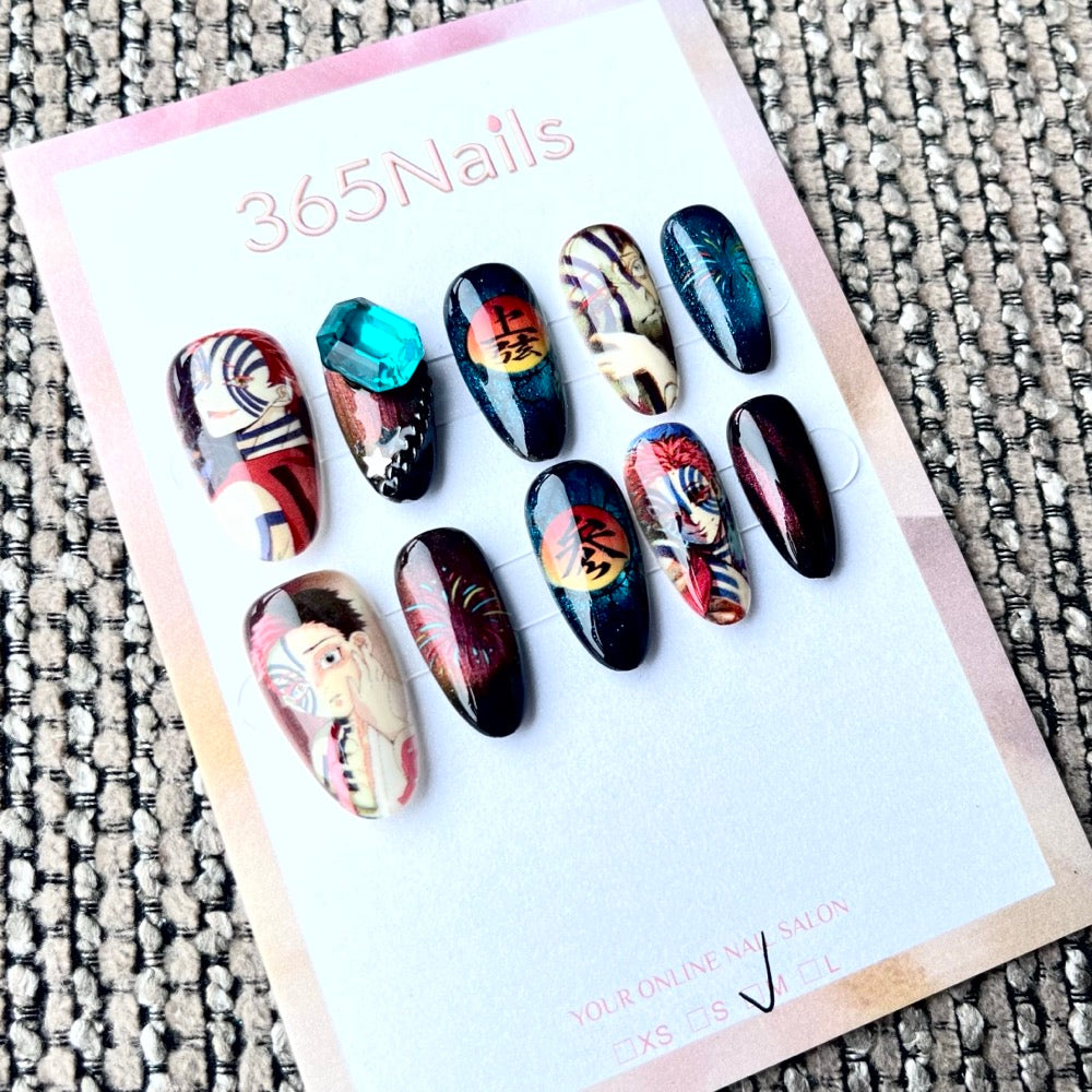 365nails: "Demon Slayer Akaza" – Handmade Short Almond Press-On Nails