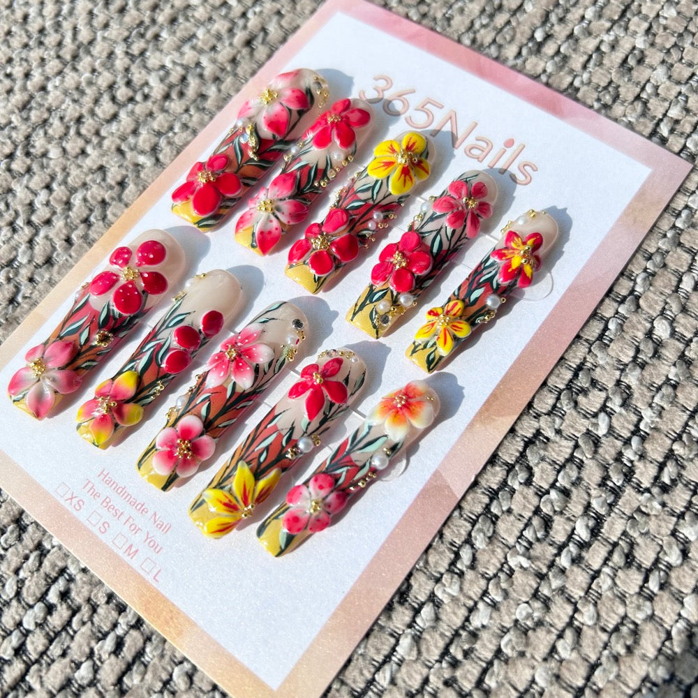 Handmade "Tropical Garden" 3D Floral Press-on Nails | Vibrant Hibiscus & Vine Art | Long Coffin | 10pcs Set