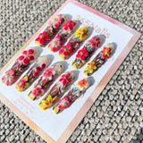 Handmade "Tropical Garden" 3D Floral Press-on Nails | Vibrant Hibiscus & Vine Art | Long Coffin | 10pcs Set