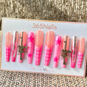 365nails 수제 핑크 건메탈 스타 롱 스틸레토형 프레스온 네일