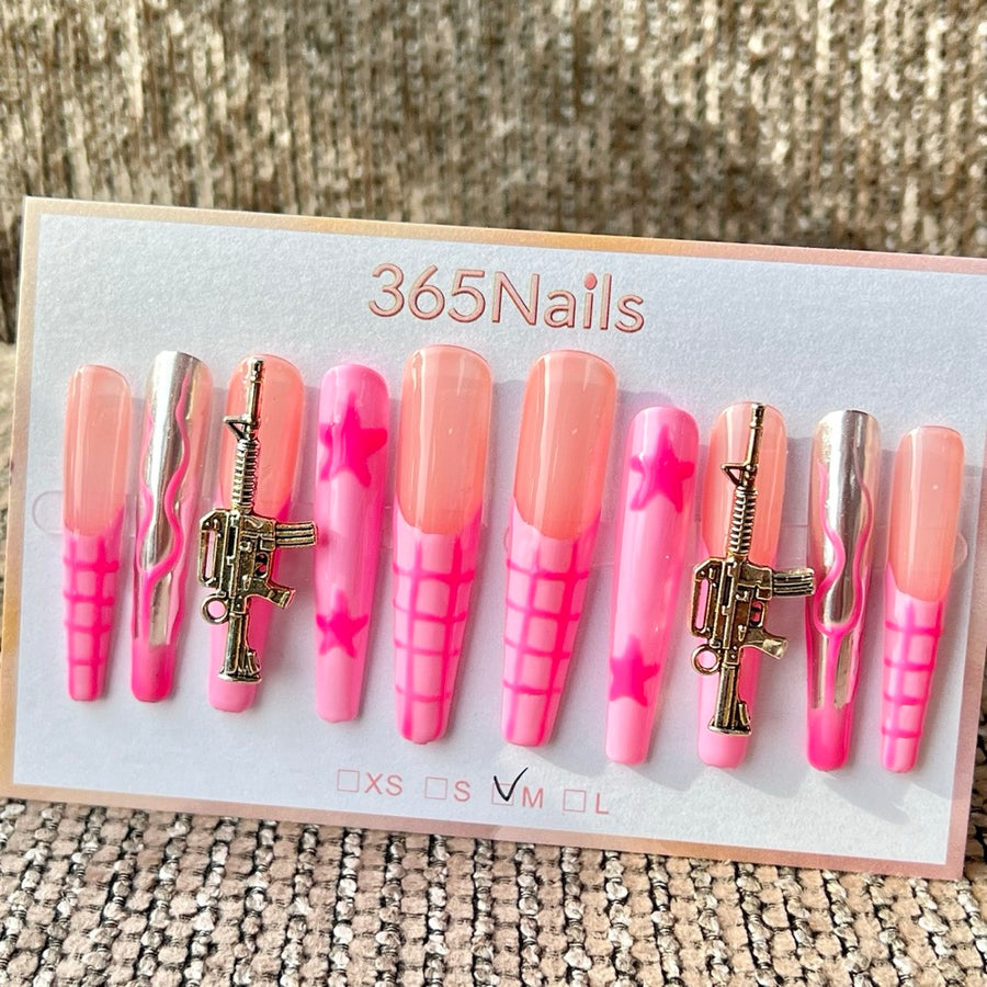 365nails — Ongles press-on fait main, longs, forme stiletto, motif étoile rose gunmetal