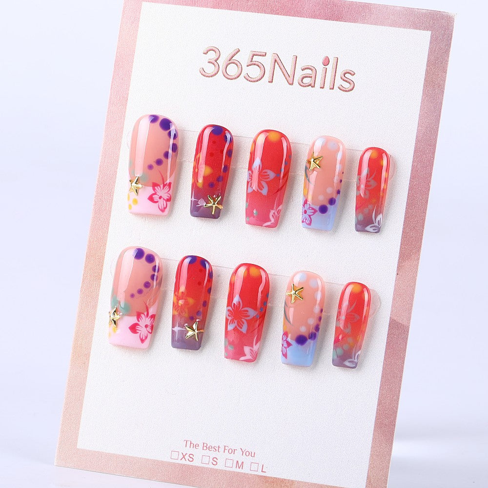 Coral Red Gradient Starfish Flower Shadow Medium Square Press on Nail