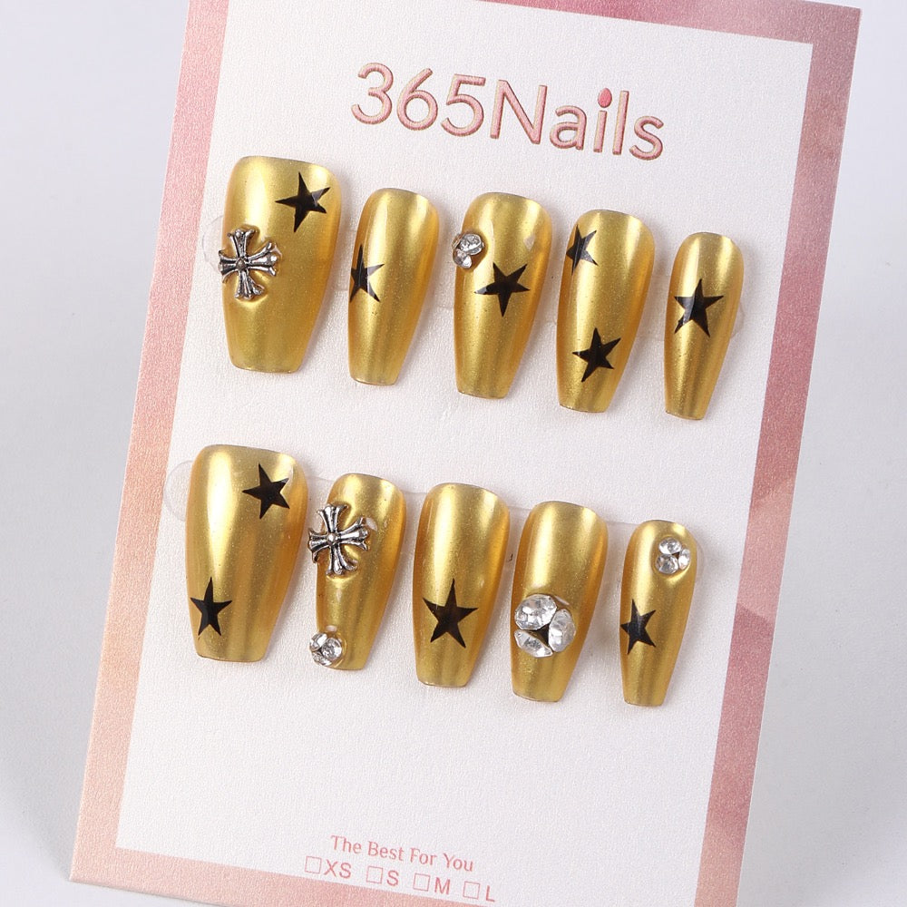 365Nails Gilded Rock Press-On Nails Matte Metallic Gold Stars with Cross Studs and Rhinestones